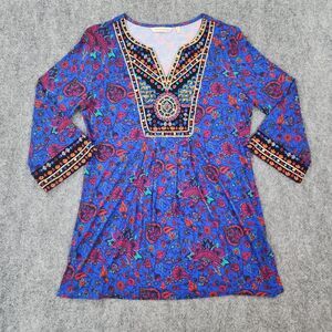 Soft Surroundings Top Womens XS Blue Floral Heart Beaded 3/4 Sleeve Tunic Boho